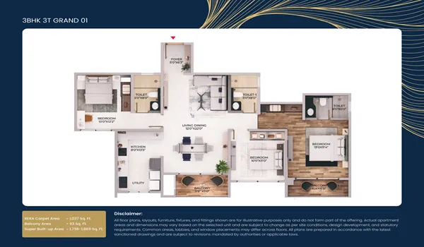 Purva Northern Lights 3 BHK 3T Grand 1736 Sq Ft