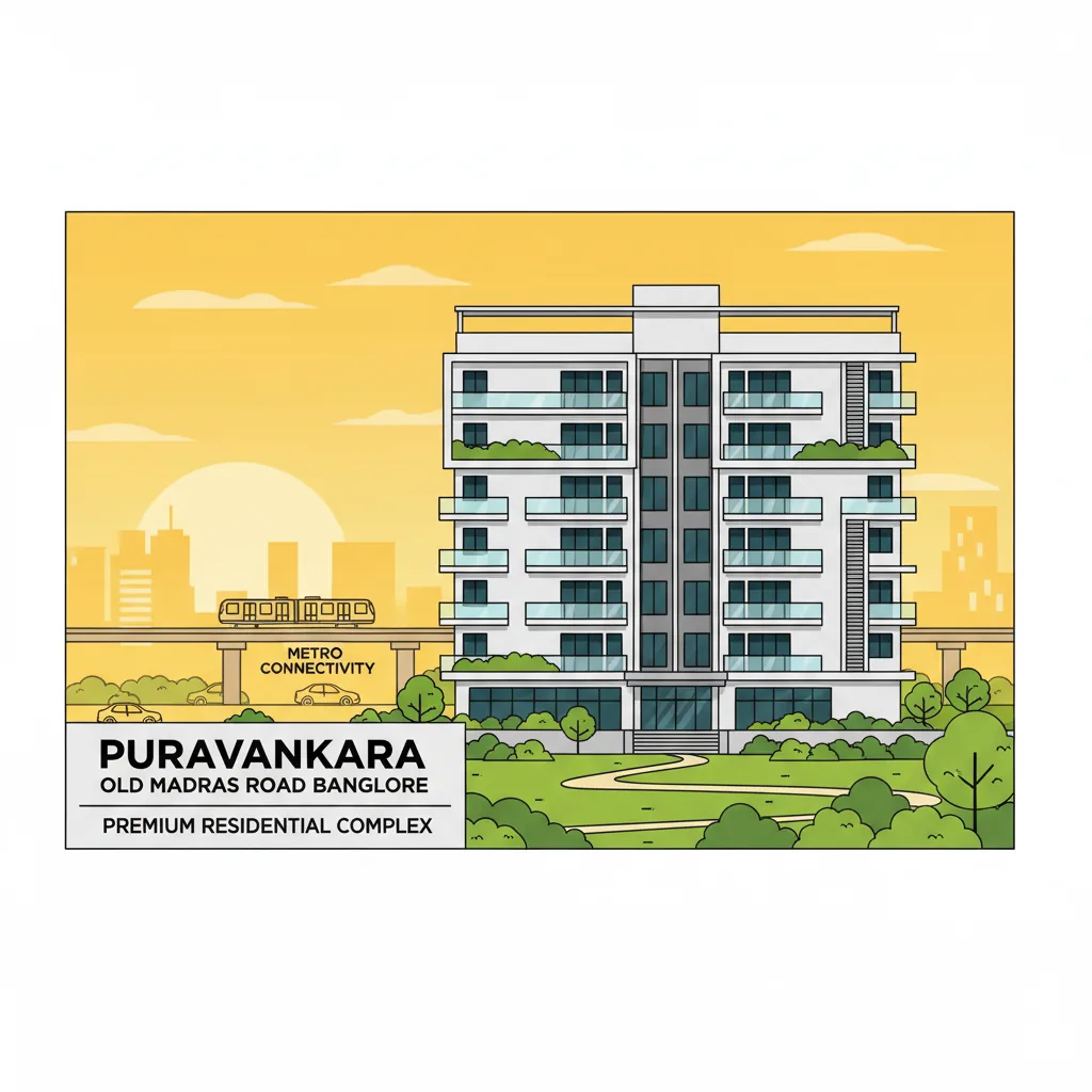 Modern 1 BHK apartment building exterior at Puravankara Old Madras Road Bangalore, contemporary architecture with glass balconies, green landscaping, urban cityscape background with metro connectivity, premium residential complex, golden hour lighting, real estate photography style