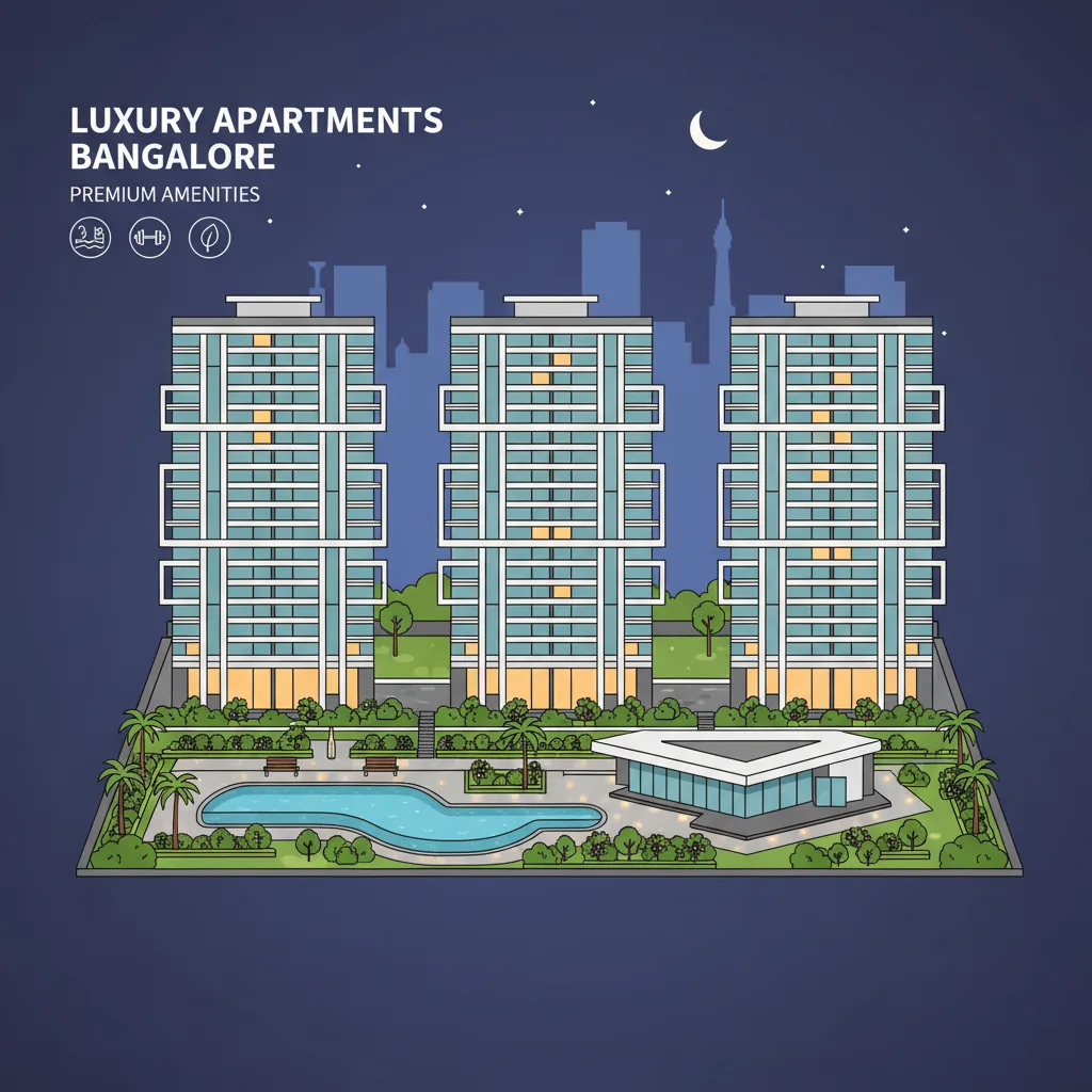 Modern luxury high-rise residential apartment towers in Bangalore with premium amenities, evening lighting, and urban skyline