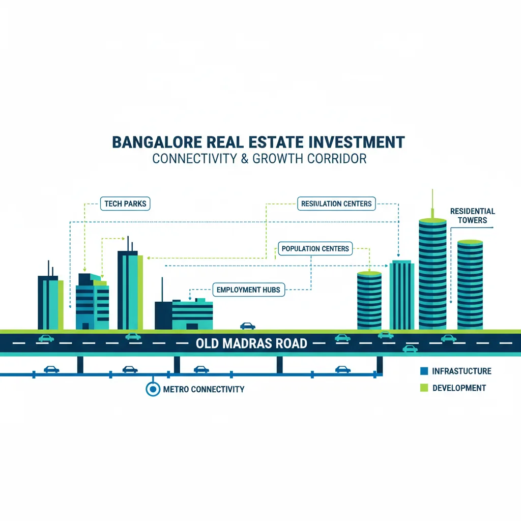 Advantages of Investing in Old Madras Road Real Estate - Modern real estate investment infographic showing Bangalore cityscape with connectivity