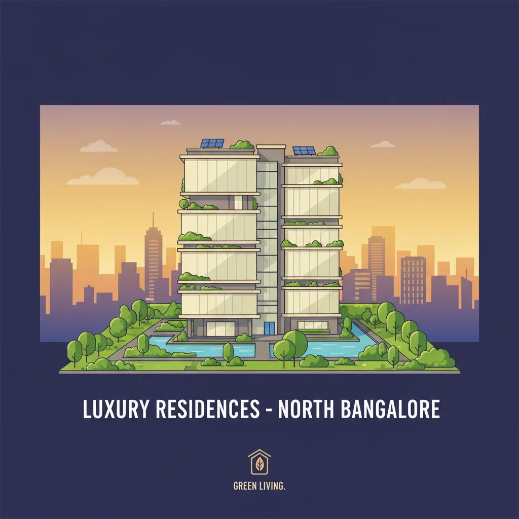 Modern luxury residential high-rise apartment building in North Bangalore with green sustainable architecture and glass facade
