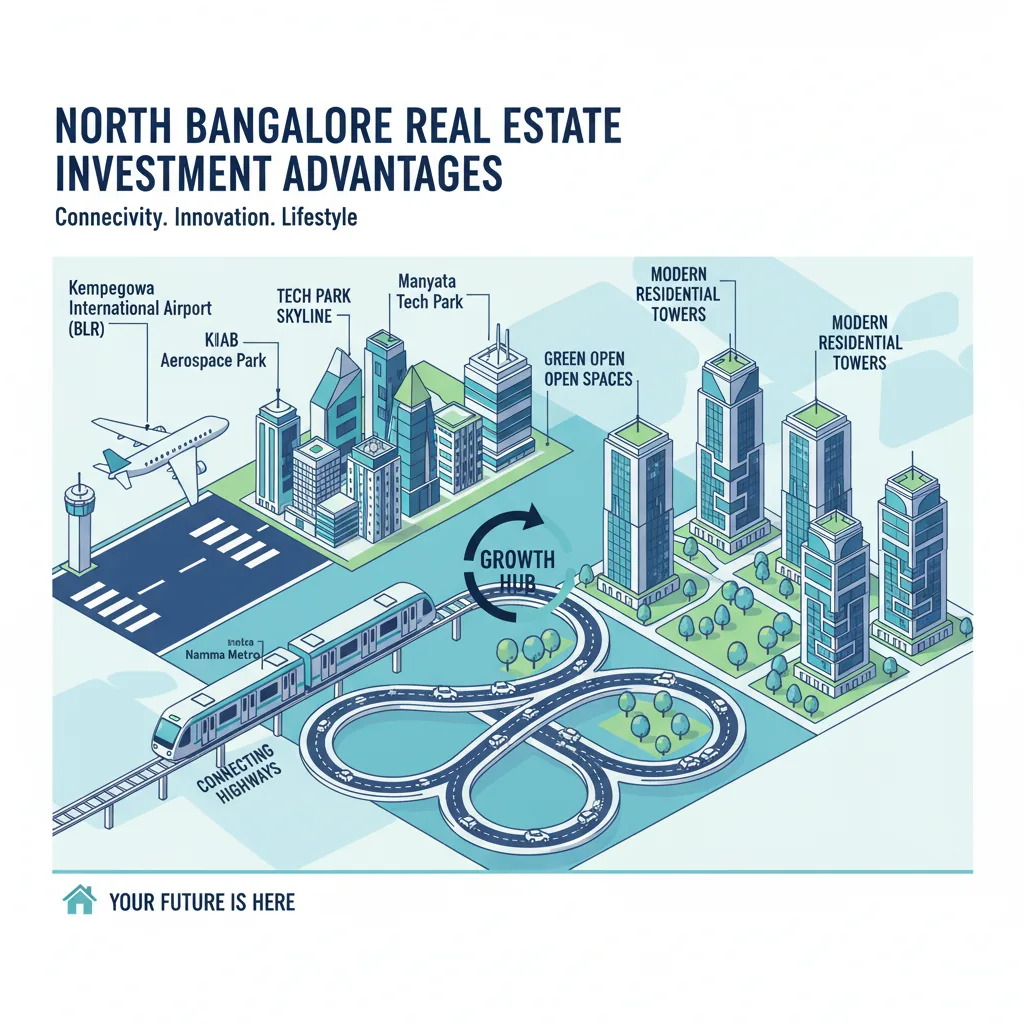 Infographic showing North Bangalore real estate investment advantages including Kempegowda International Airport, tech parks, metro, and modern residential towers