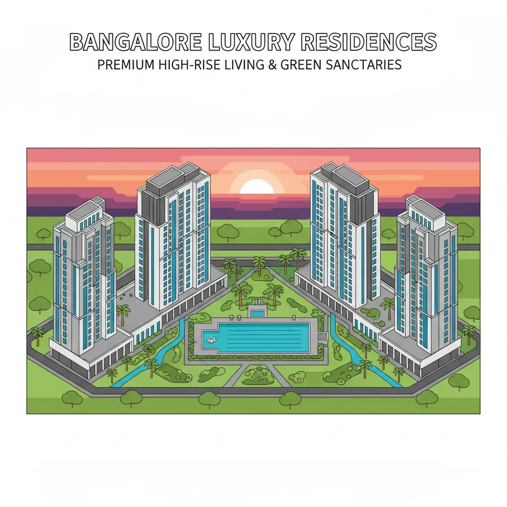 Modern luxury residential high-rise apartment towers in Bangalore with green open spaces, swimming pool, landscaped gardens, contemporary architecture