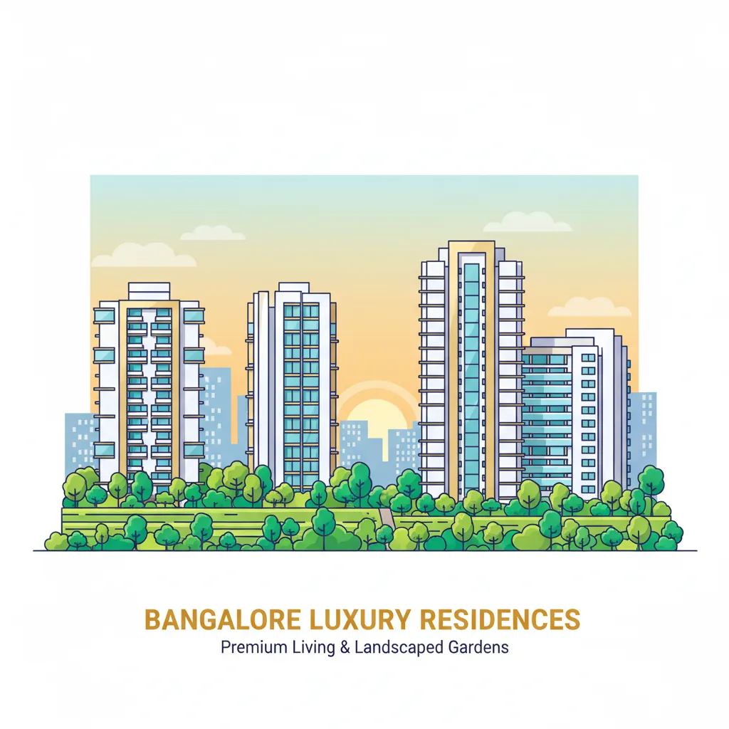 Modern luxury apartment buildings in Bangalore with green gardens and city skyline, architectural visualization, premium residential towers with landscaped gardens, golden hour lighting, high-end real estate photography style