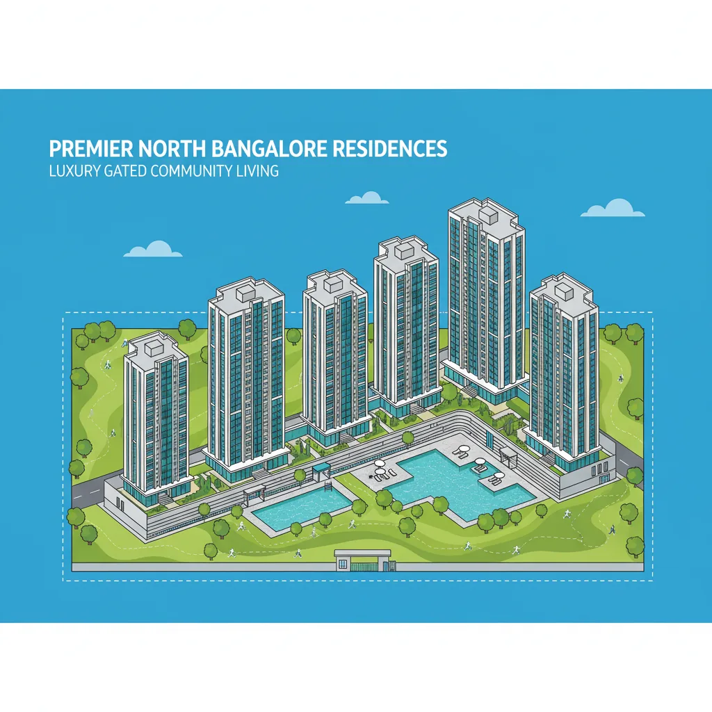 Modern luxury high-rise residential apartment towers in North Bangalore with green landscaping and pools
