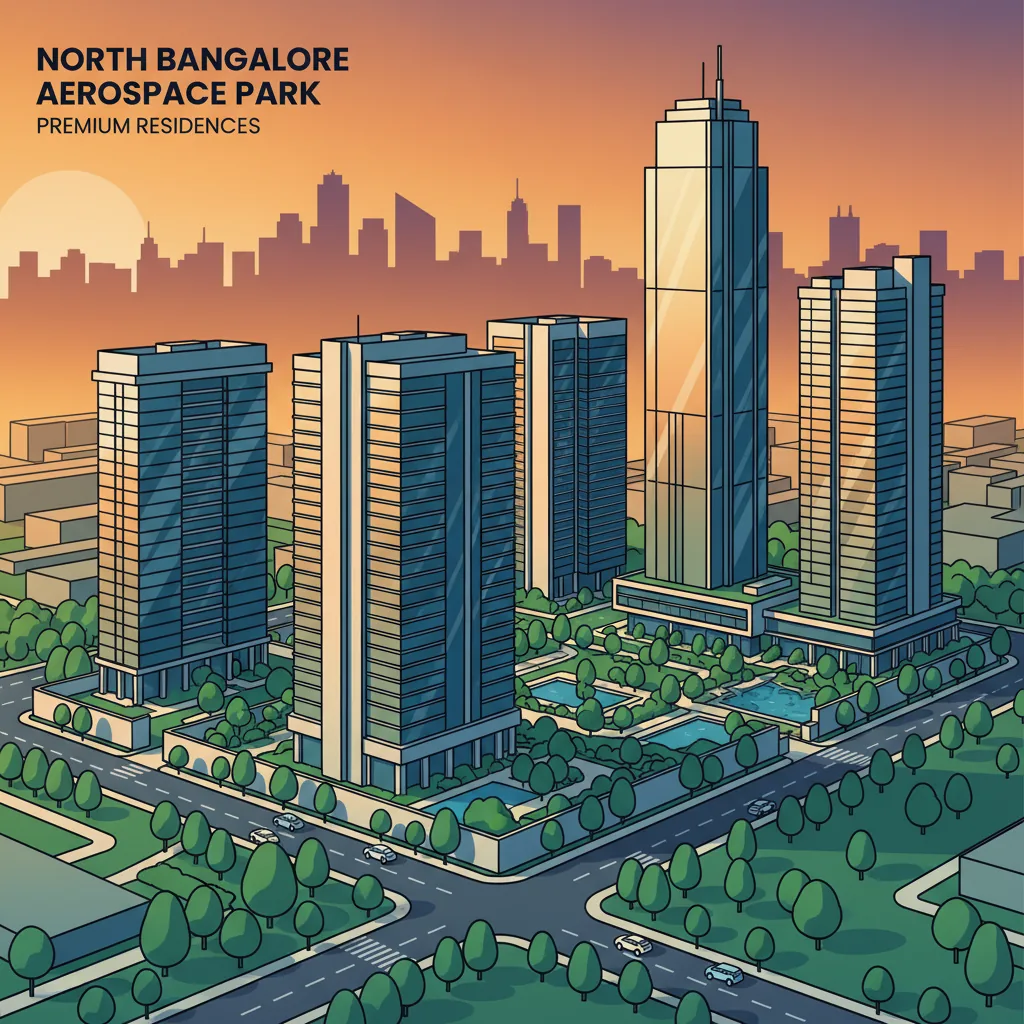 Modern high-rise residential apartment towers in North Bangalore aerospace park, aerial view showing premium gated community with lush greenery and contemporary glass facades