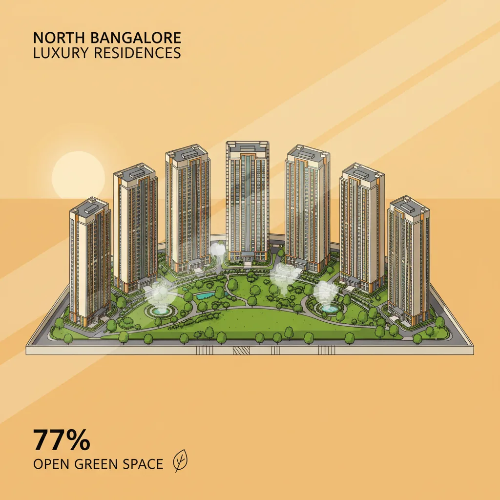 Modern luxury high-rise residential towers at Purva Northern Lights in North Bangalore at golden hour, featuring 8 majestic towers surrounded by lush green parks and landscaped gardens