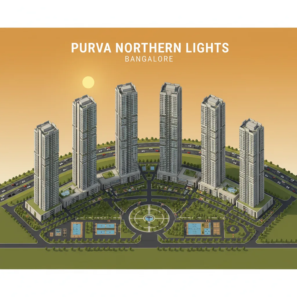 Modern luxury high-rise residential apartment towers at Purva Northern Lights township in Bangalore aerial view