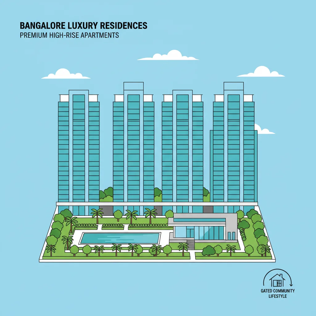 Modern luxury residential apartment towers in Bangalore with green landscaped gardens, swimming pool, and clubhouse amenities