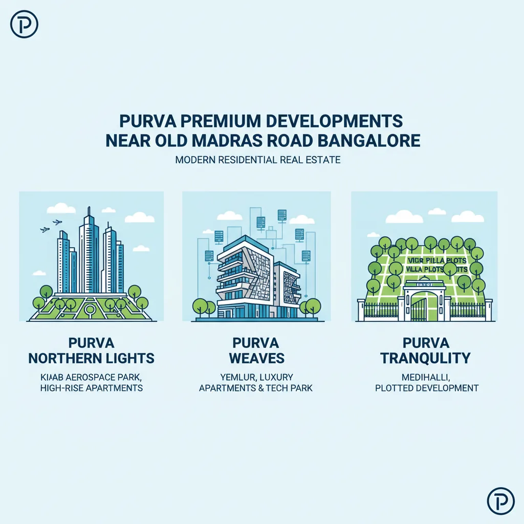 Premium ongoing residential projects near Old Madras Road including Purva Northern Lights, Purva Weaves, and Purva Tranquility - modern high-rise apartments and gated plotted development