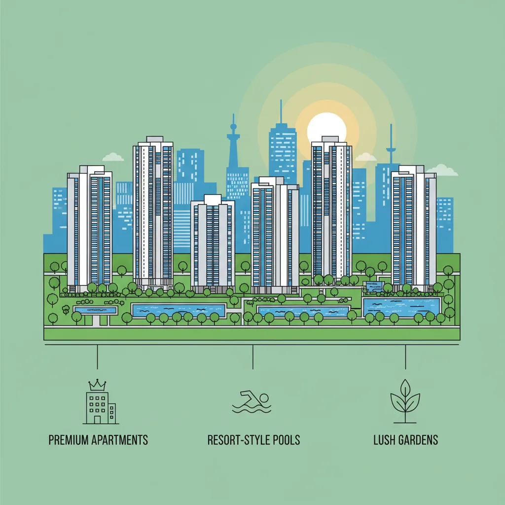 Best Projects in Bangalore - Modern luxury residential high-rise township with green lawns, multiple towers, and urban skyline