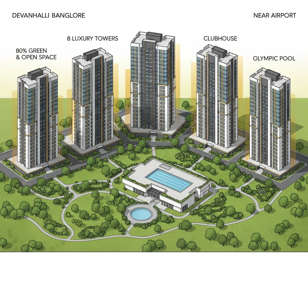 Biggest Township in Devanahalli - Modern luxury residential township aerial view with 8 towers and green parks