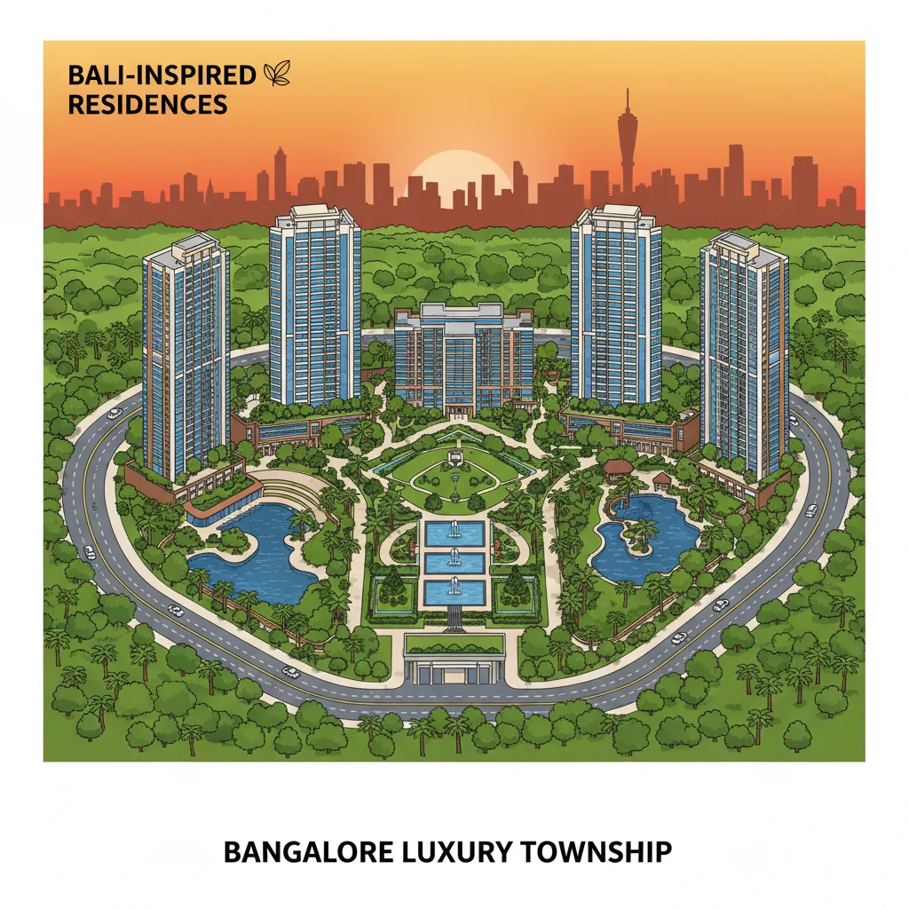 Luxury Apartment in Bagalur Road: Modern luxury residential township aerial view with Bali-inspired tropical resort architecture