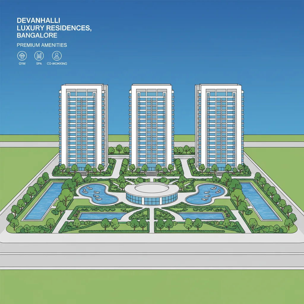 Luxury Apartment In Devanahalli - Modern luxury residential apartment complex with elegant towers, lush green landscaping, swimming pool, and clubhouse amenities in Devanahalli Bangalore