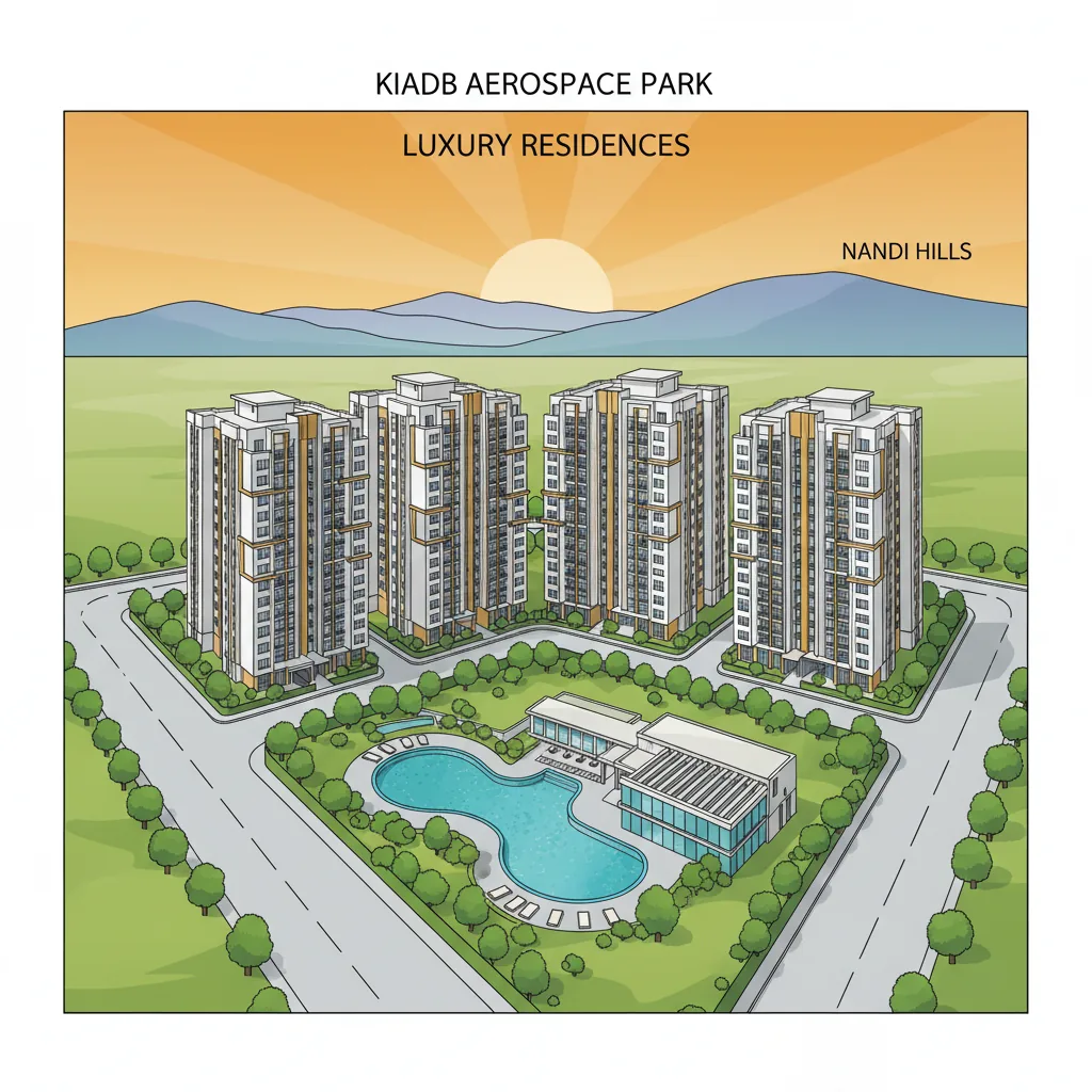 Luxury apartment towers in KIADB Aerospace Park with lush green landscapes and Nandi Hills backdrop