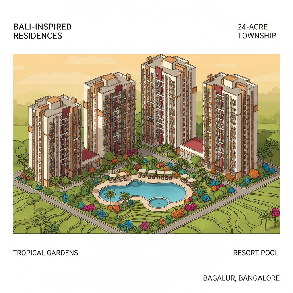 Modern luxury apartment complex in Bagalur Bangalore with Bali-inspired tropical resort architecture, lush green gardens, tall residential towers, swimming pool, palm trees, and open green spaces