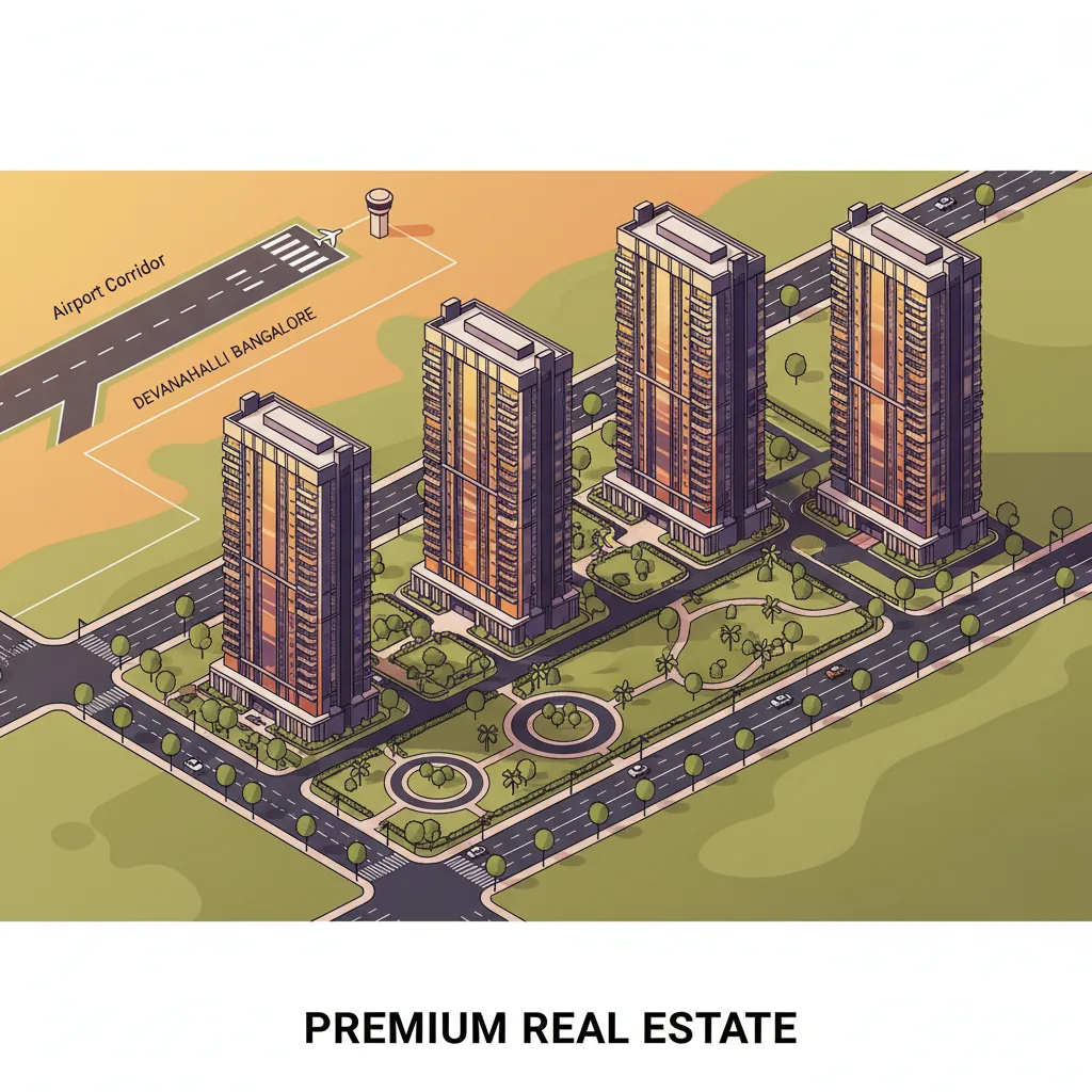 Modern high-rise residential township aerial view at golden hour, multiple luxury apartment towers surrounded by lush green parks and landscaped gardens, wide tree-lined boulevards, contemporary architecture with glass balconies, located near airport corridor, Devanahalli Bangalore