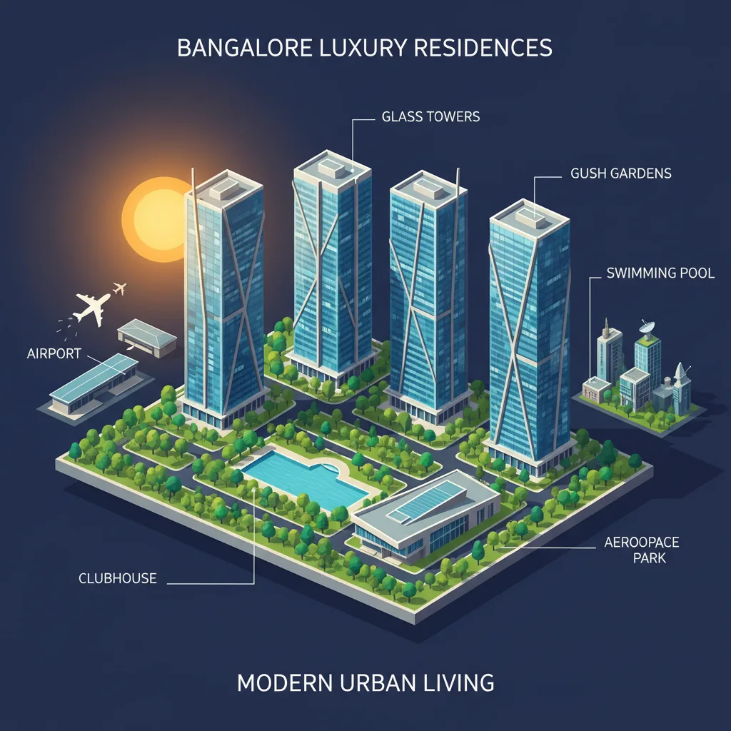 Modern luxury residential apartment complex in Bangalore aerial view showing high-rise towers with glass facades, landscaped gardens, and clubhouse amenities