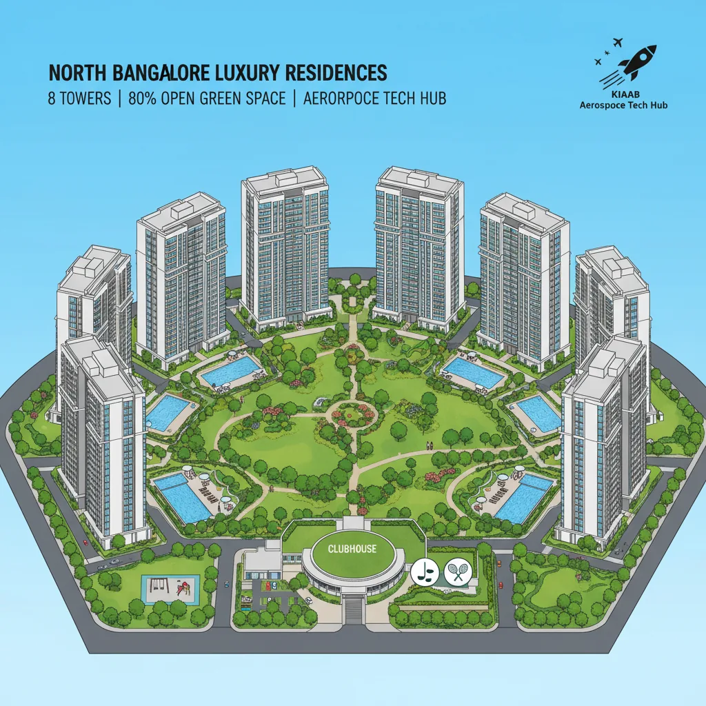 Aerial view of Purva Northern Lights luxury residential towers with lush green landscaping, 8 towers surrounded by open green space and central gardens in North Bangalore