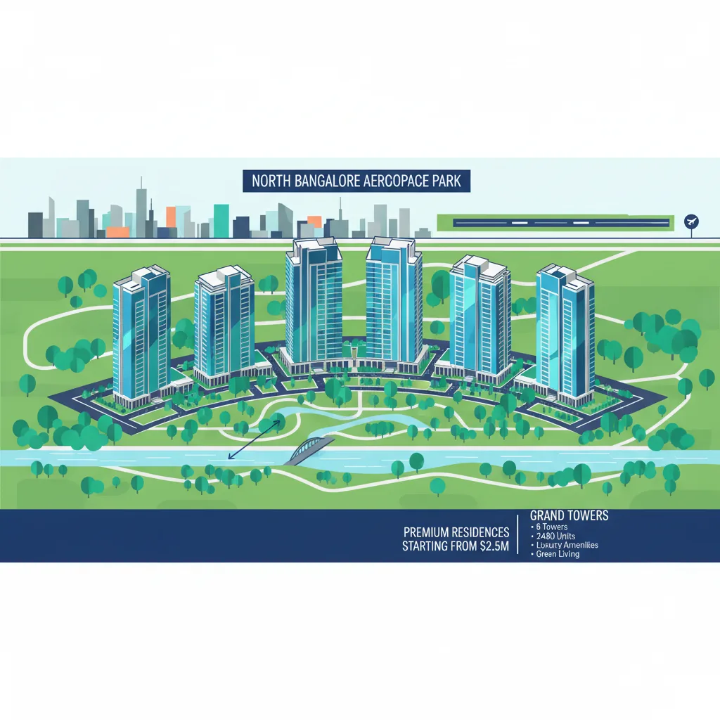 Modern luxury residential apartment towers in a lush green aerospace park setting, aerial view of 8 grand towers