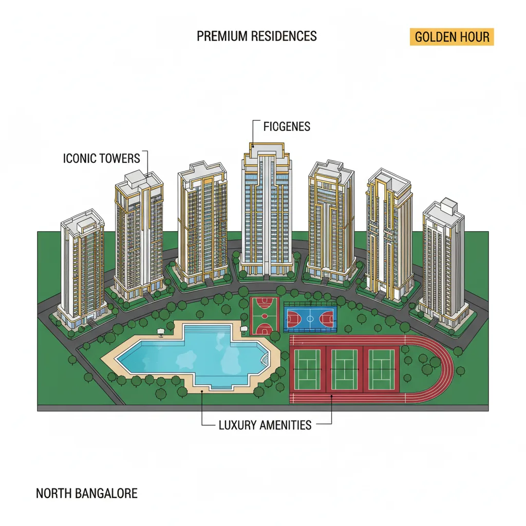Purva Northern Lights luxury residential township aerial view with 8 iconic towers and green landscaping in North Bangalore