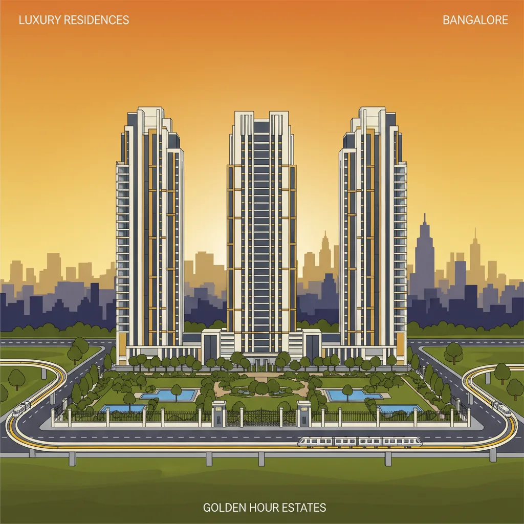 Old Madras Road proximity - Modern luxury residential high-rise towers at sunset with Bangalore city skyline, gated community with green landscaping and connecting highways
