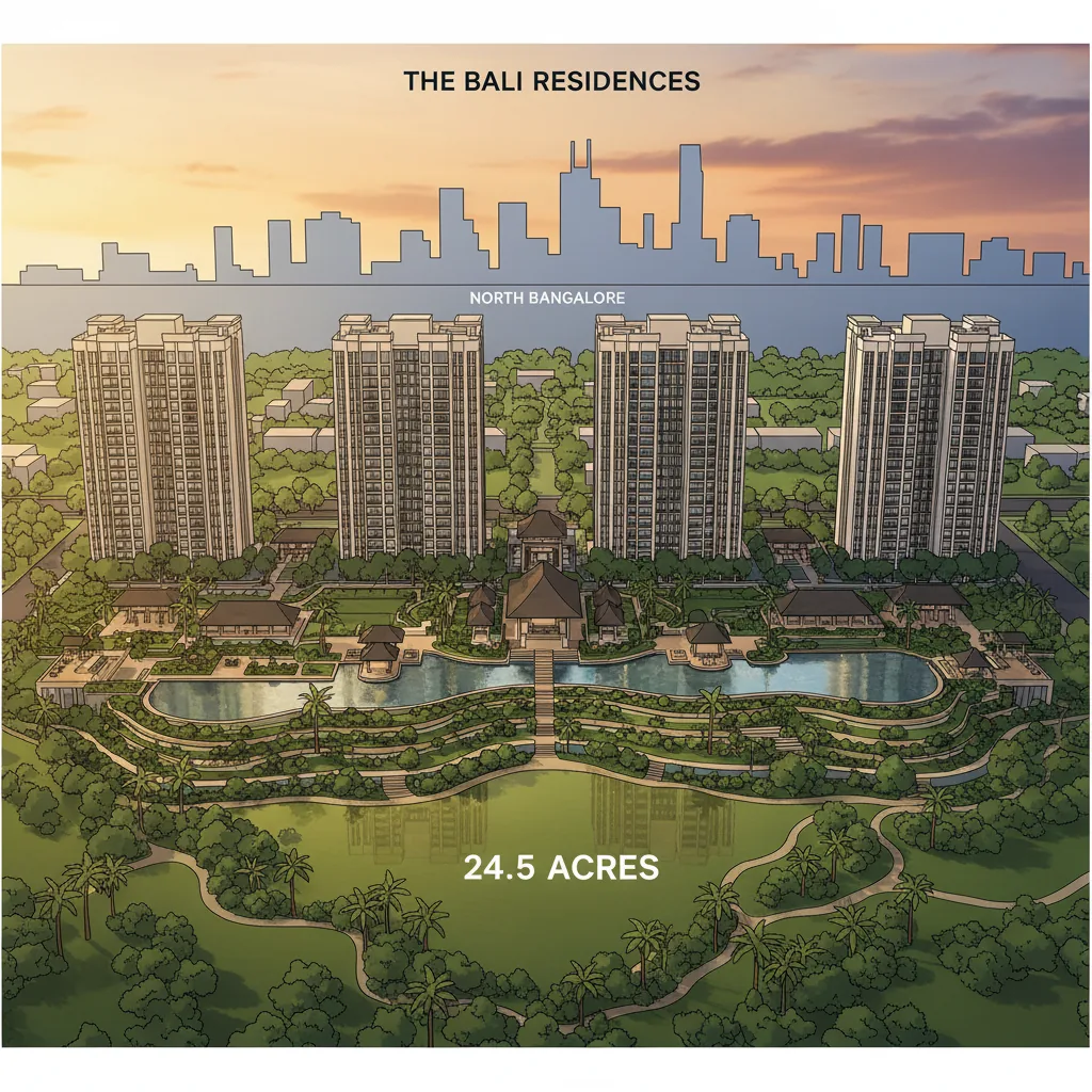 Modern luxury high-rise residential towers at Purva Northern Lights, a tropical resort-style township in North Bangalore with Bali-themed gardens