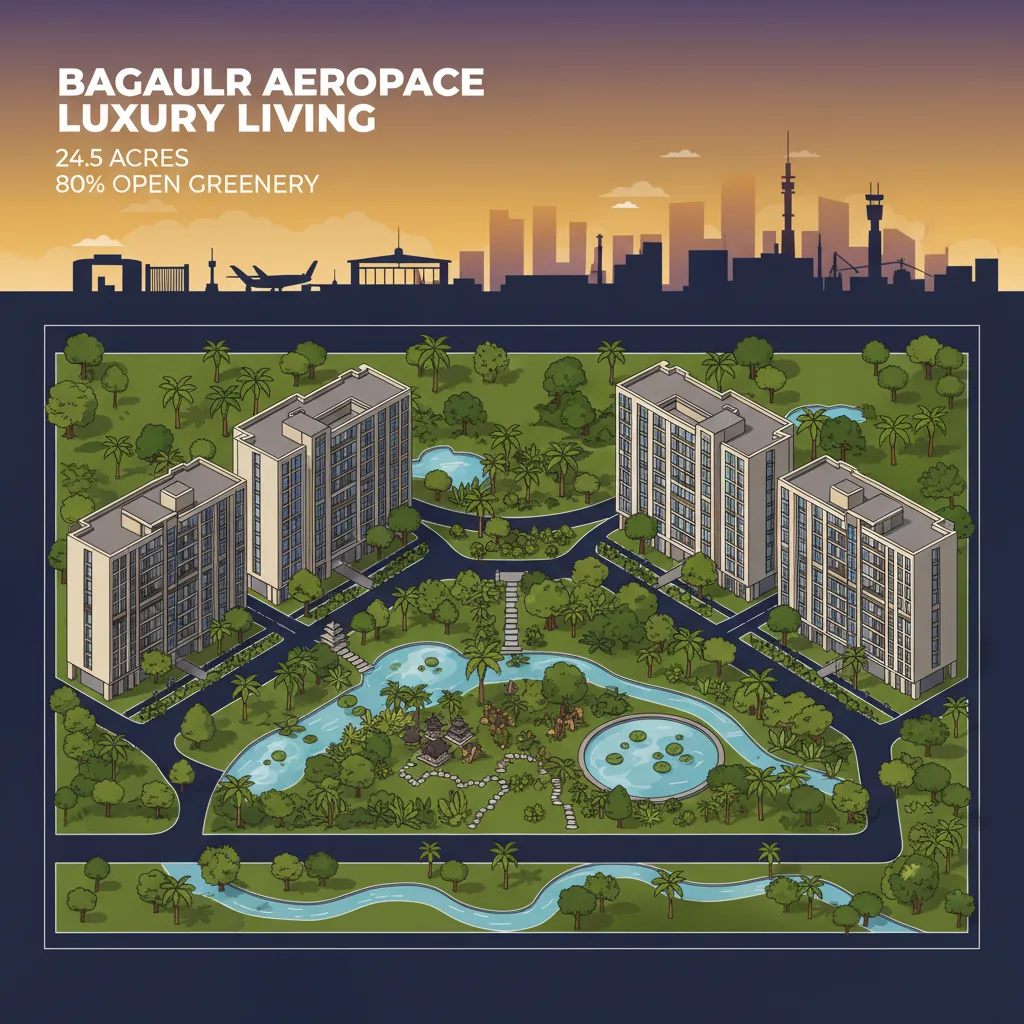 Modern luxury apartment complex in Bagalur with lush green tropical landscaping and Bali-themed gardens