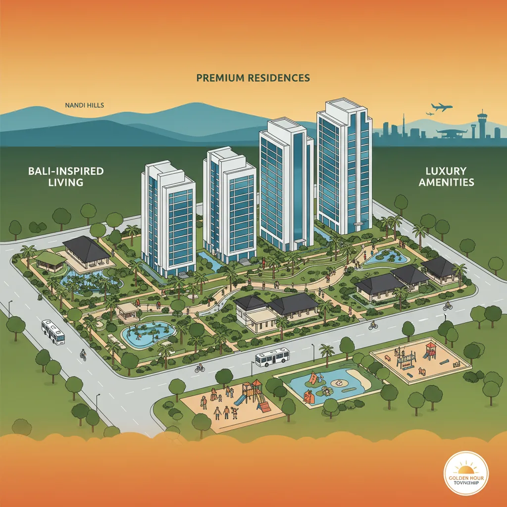 Purva Bagalur premium residential township aerial view at golden hour with Bali-inspired resort architecture