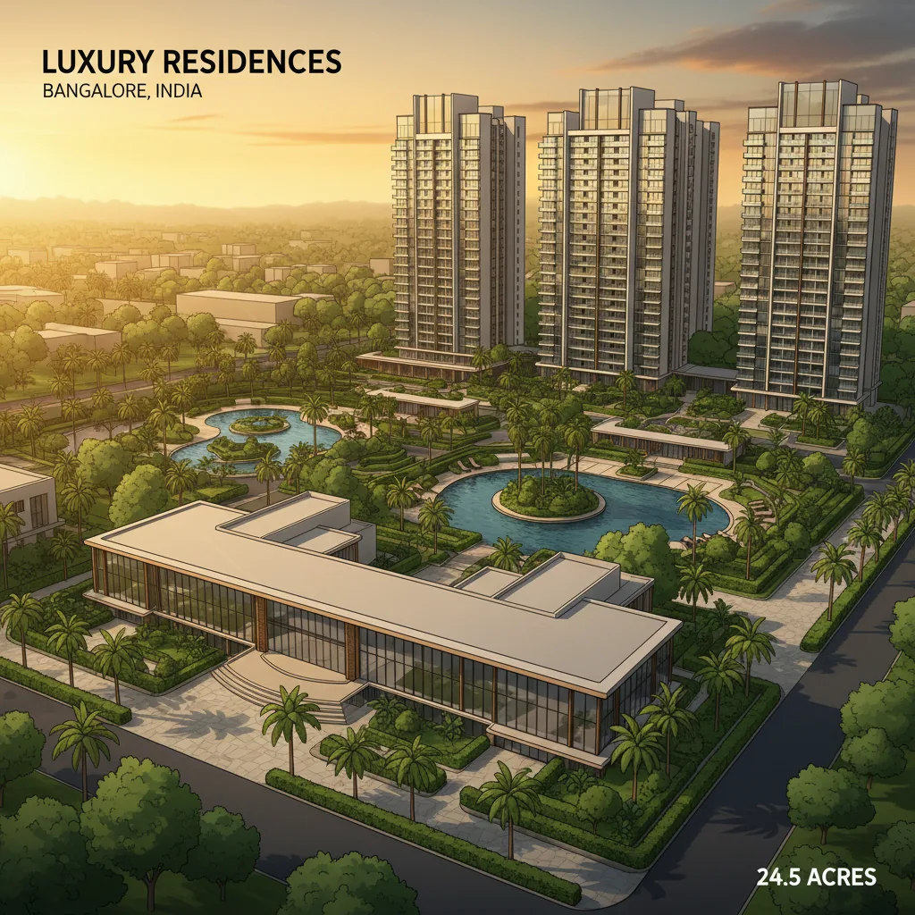 Modern luxury residential apartment complex in Bangalore India with tropical resort style architecture