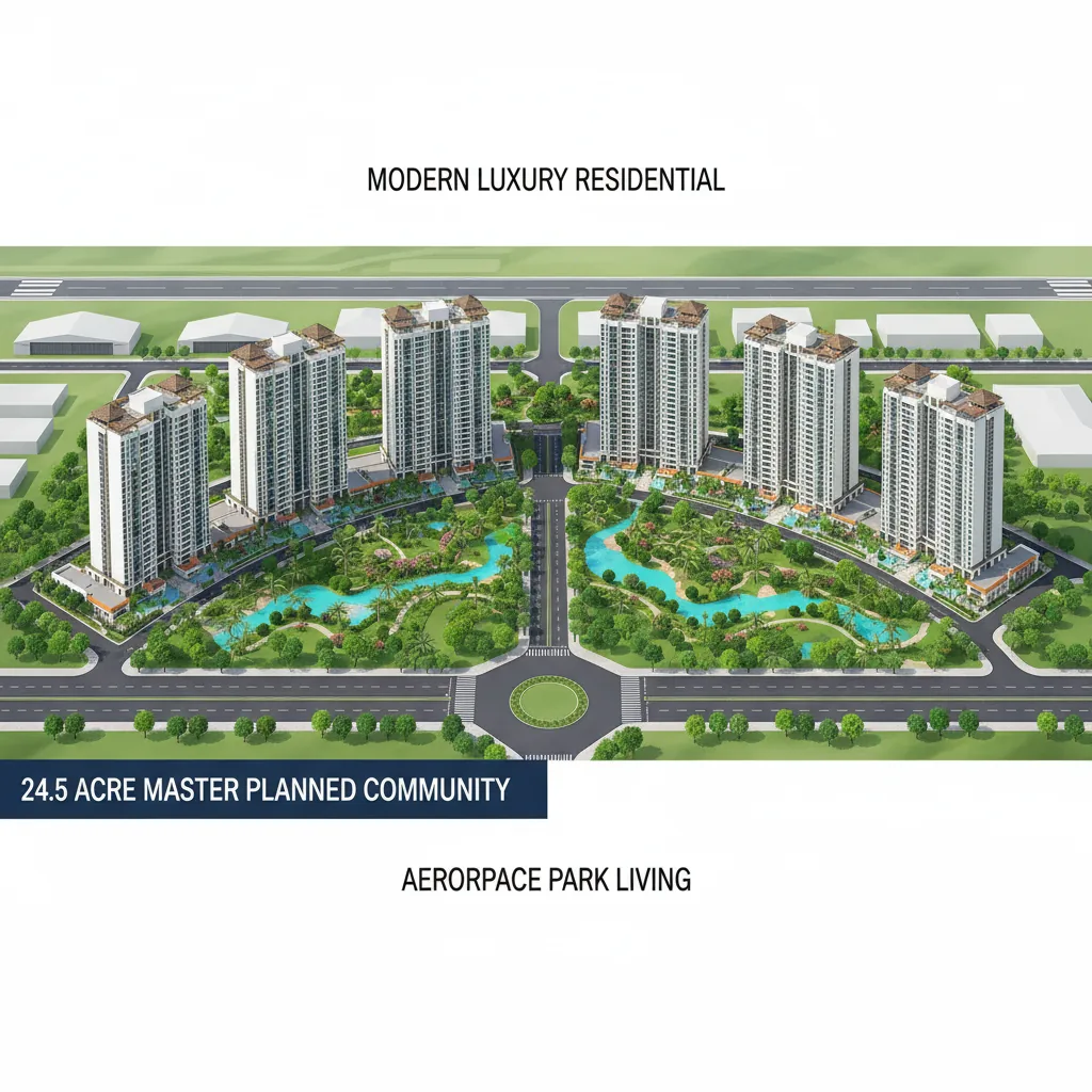 Purva KIADB Bangalore: Aerial view of luxury township with 8 high-rise towers, Bali-inspired gardens, and water bodies in Aerospace Park