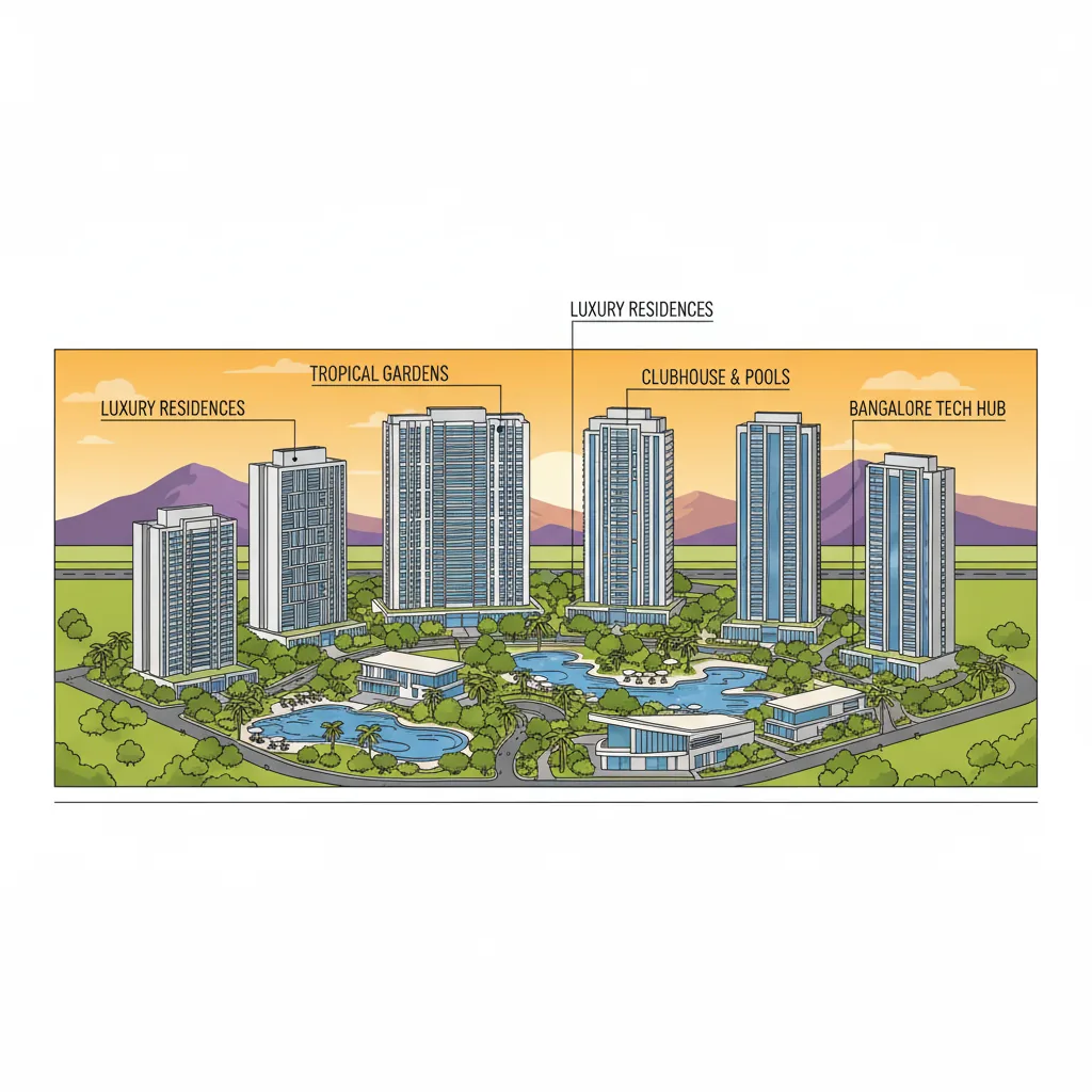 Modern luxury residential township aerial view at golden hour, multiple high-rise towers surrounded by lush tropical Bali-inspired gardens and green parks, swimming pools, clubhouse buildings, located in Bangalore tech hub