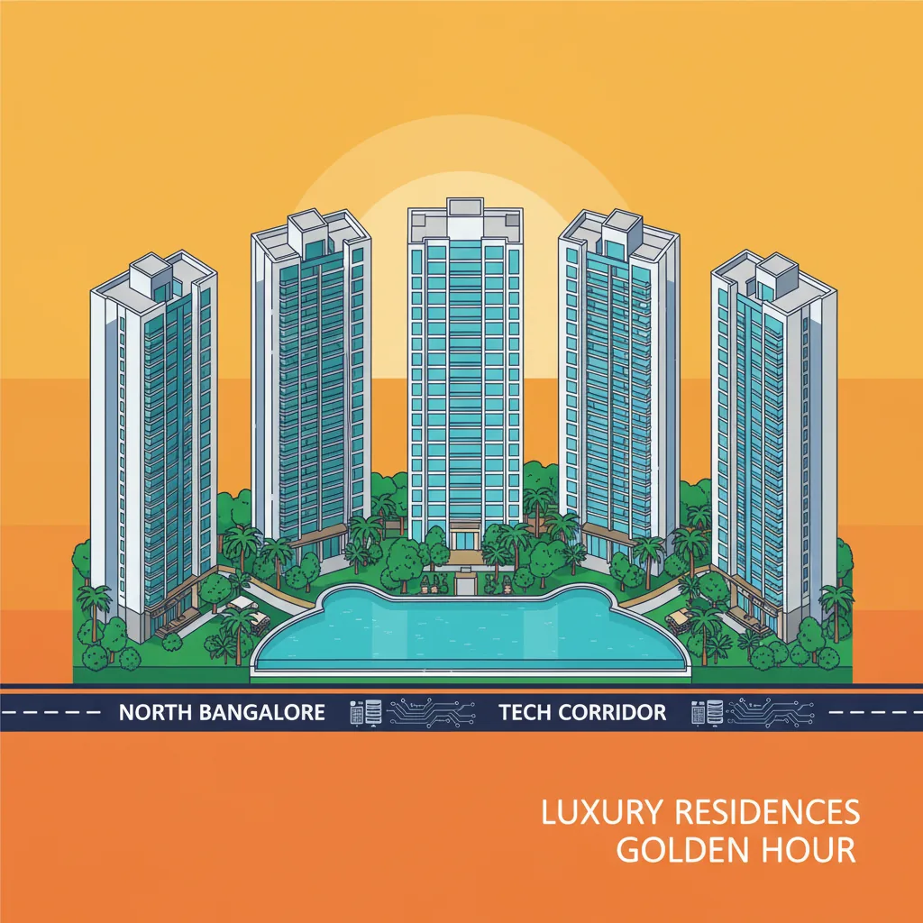 Modern luxury residential township aerial view at golden hour, 8 tall residential towers surrounded by lush tropical Bali-inspired gardens and green parks
