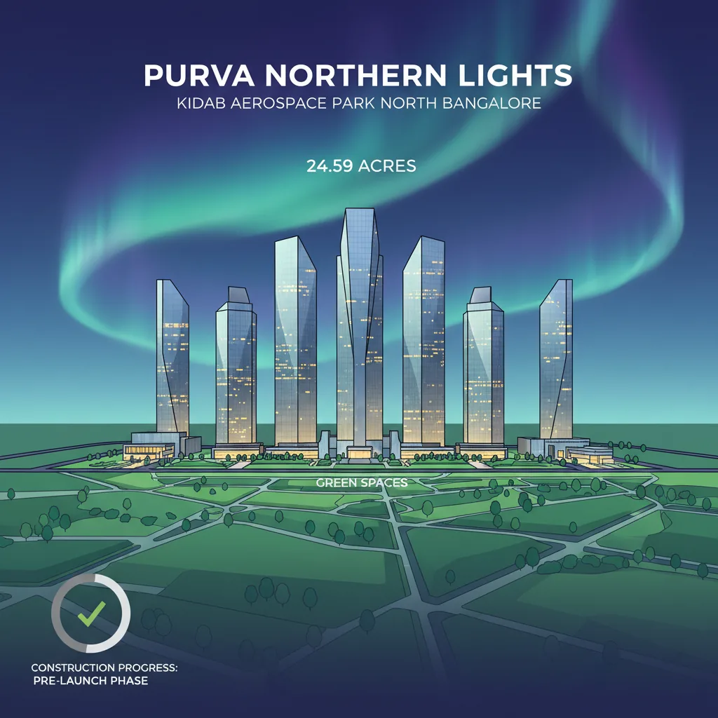 Modern architectural visualization of Purva Northern Lights residential towers with 8 high-rise buildings at twilight