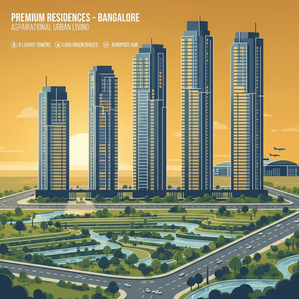 Modern luxury residential towers at Purva Northern Lights with lush green landscaped gardens and 8 sleek high-rise buildings at sunset in North Bangalore