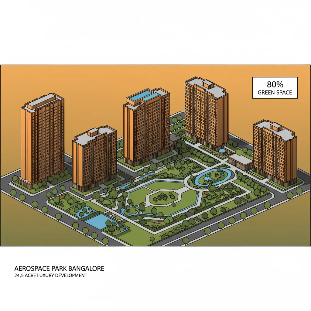 Purva Northern Lights - Modern luxury residential township aerial view at golden hour in Aerospace Park Bangalore with lush gardens and contemporary towers