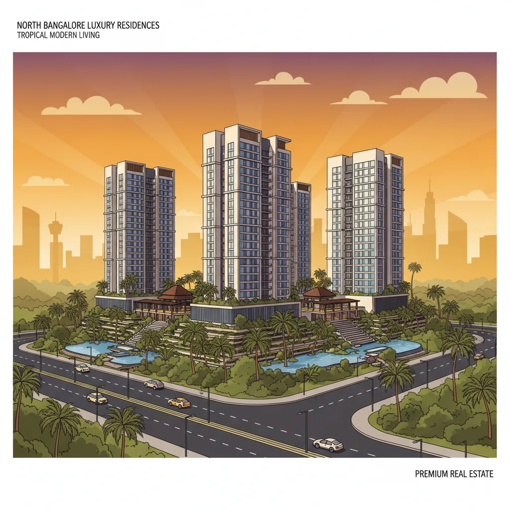 Purva Northern Lights luxury residential high-rise towers in tropical Bali-themed landscape at KIADB Aerospace Park, North Bangalore