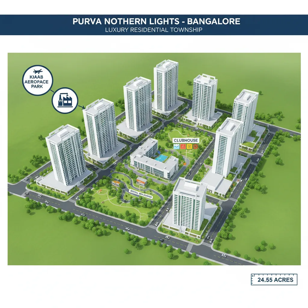 Aerial view of Purva Northern Lights township in Bangalore showing 24.55 acres of luxury apartments with 80% green space, dual clubhouses, and amenities