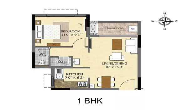 Purva Seasons 1 BHK Floor Plan