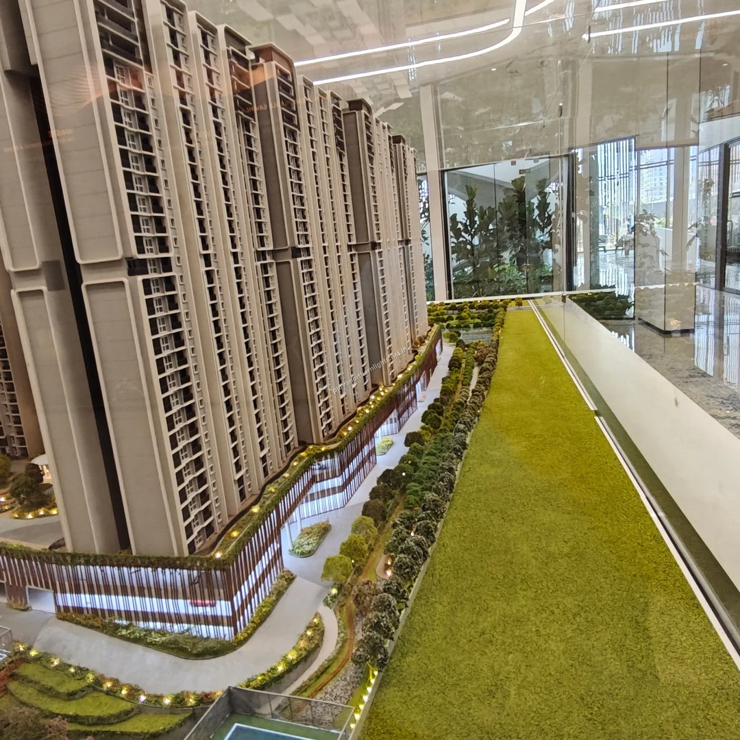 Miniature model view featuring the outdoor basketball court amenities and the lower level building facade at Purva Northern Lights as seen on mar 13