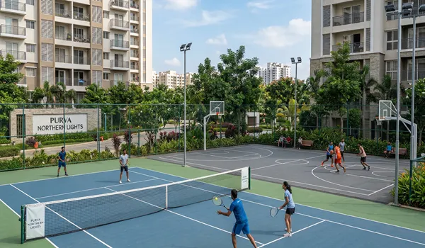 Purva Northern Lights sports amenities including full sized tennis and basketball courts in Bagalur Bangalore