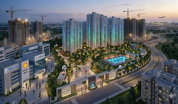 A family enjoying the secure, pedestrian-friendly green spaces inside the Purva Northern Lights gated community, highlighting Bagalur as a safe residential location