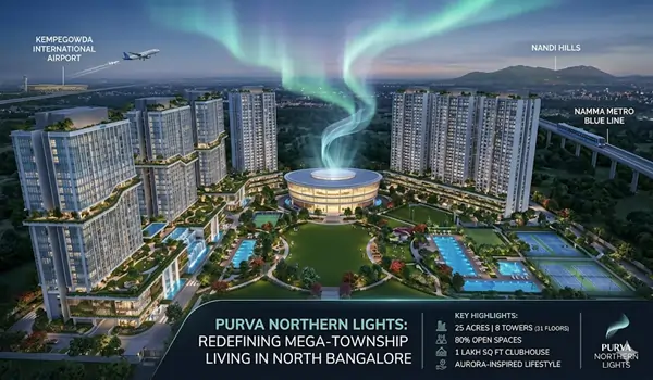 Expansive aerial view of the Purva Northern Lights mega-township in North Bangalore, showcasing the sheer scale and premium infrastructure of the development.