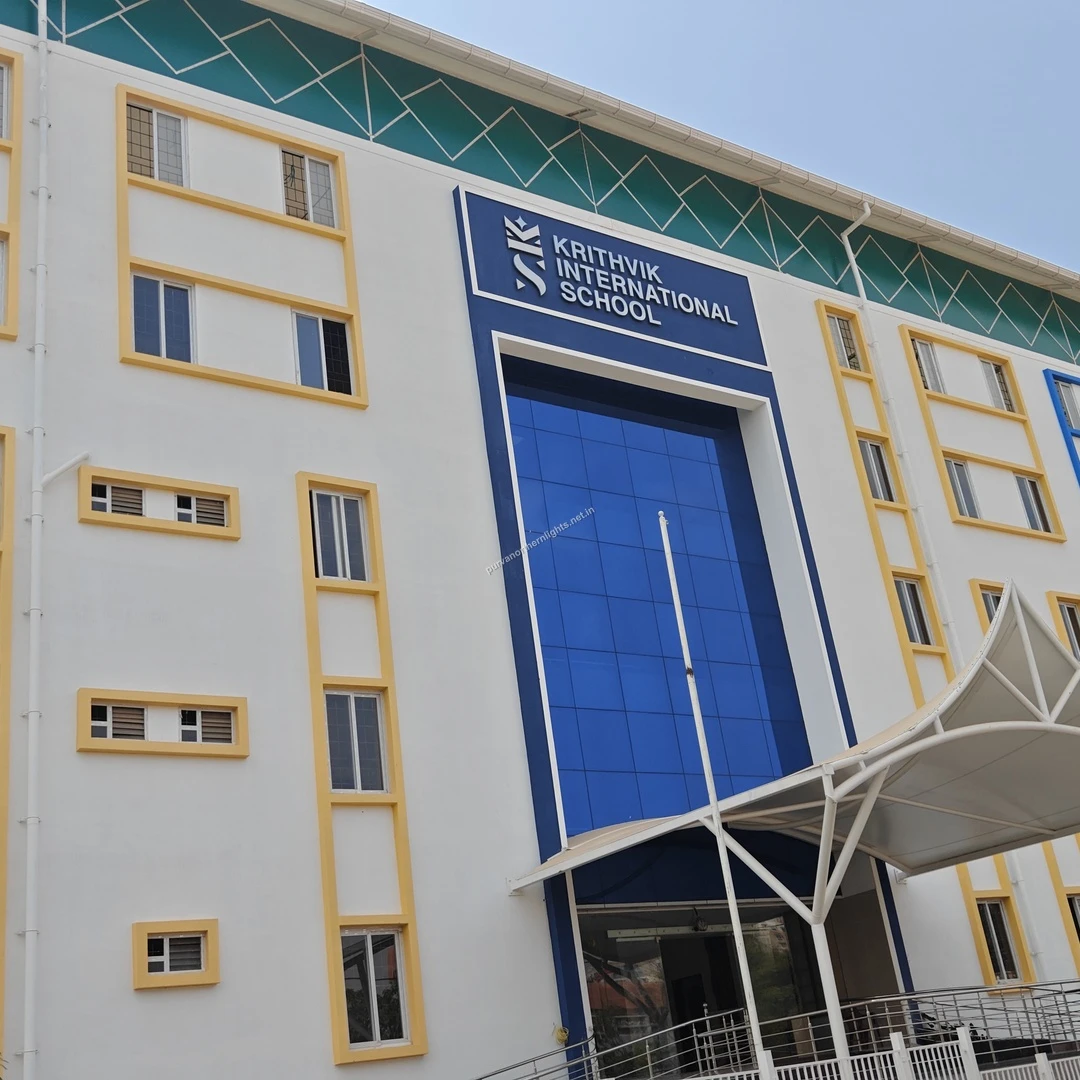 Krithvik Entrance Canopy A detailed look at the front gate and modern entrance canopy of Krithvik International School, capturing the vibrant design of the campus.