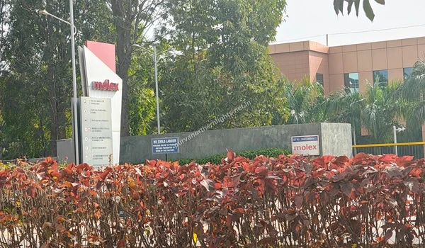 Close-up of the Molex company signage and entrance pillar surrounded by red-leafed decorative plants near Purva Northern Lights