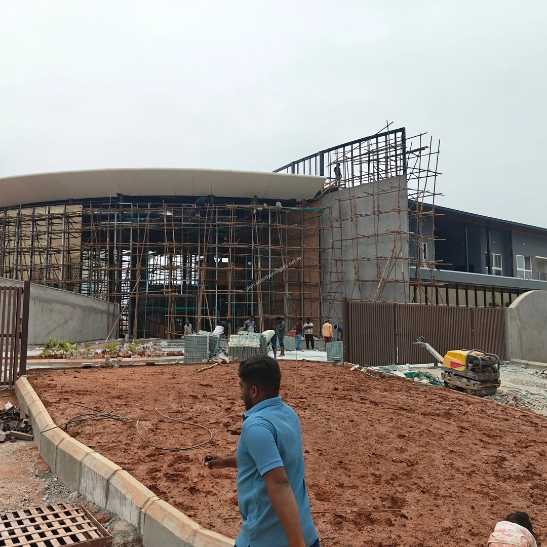 Construction progress of the main clubhouse structure and groundwork at the Purva Northern Lights site