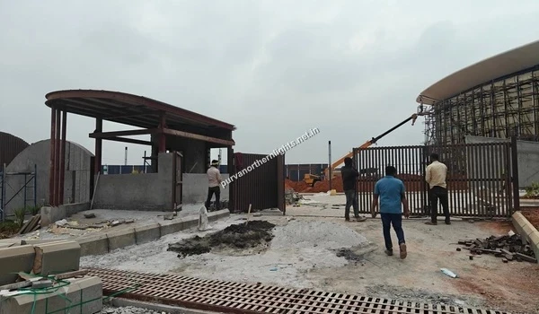 Construction work in progress at the entrance gate and security cabin of Purva Northern Lights