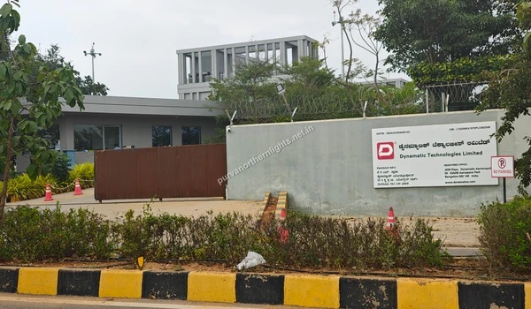 Entrance gate and main signage of Dynamatic Technologies Limited facility located in the KIADB Aerospace Park near Purva Northern Lights