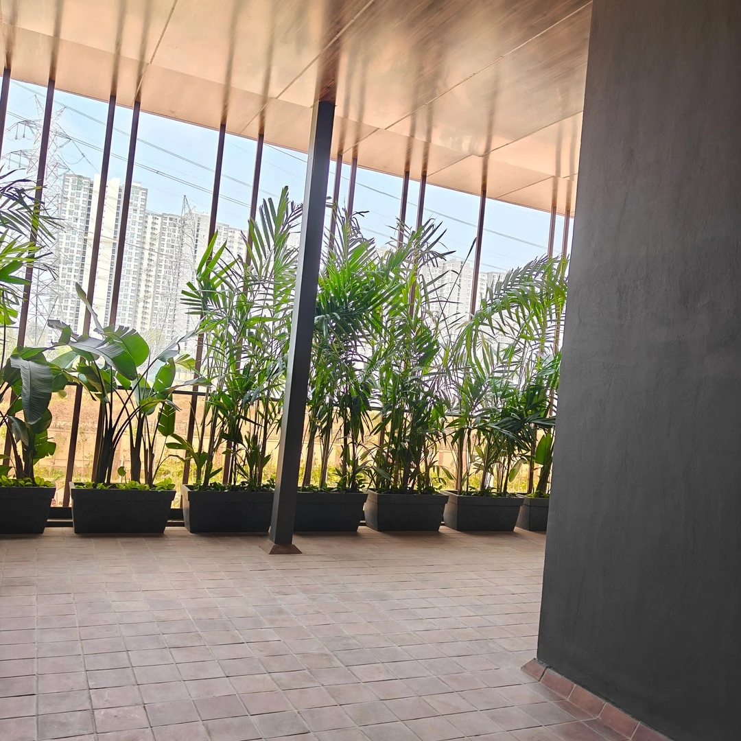 Shaded walking path lined with potted greenery at the Purva Northern Lights site office, updated mar-13