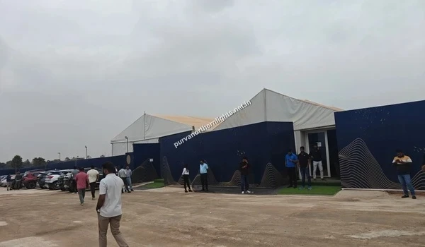 Wide-angle general view of the Purva Northern Lights project site showcasing the integrated parking layout and sales office structure